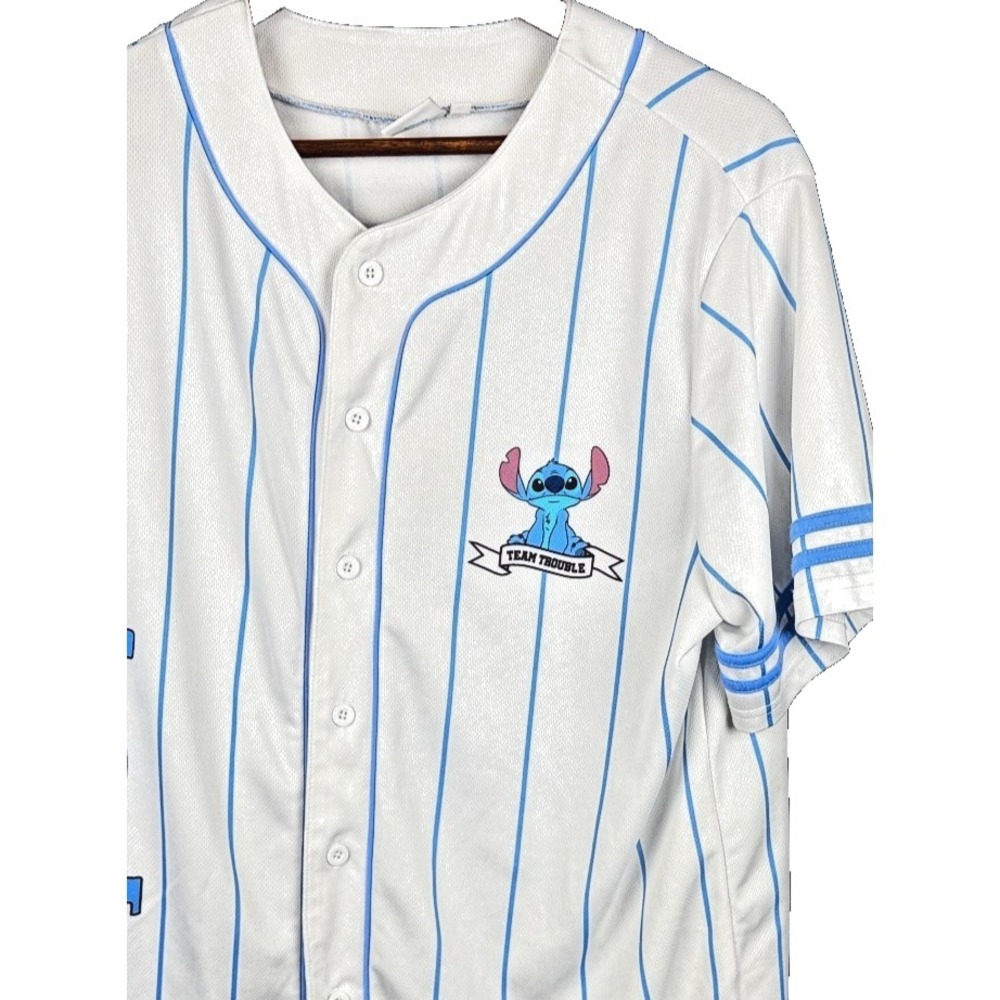 Disney Stitch Baseball Jersey Large White Blue Pinstripe‎ Team Trouble Mesh Sewn